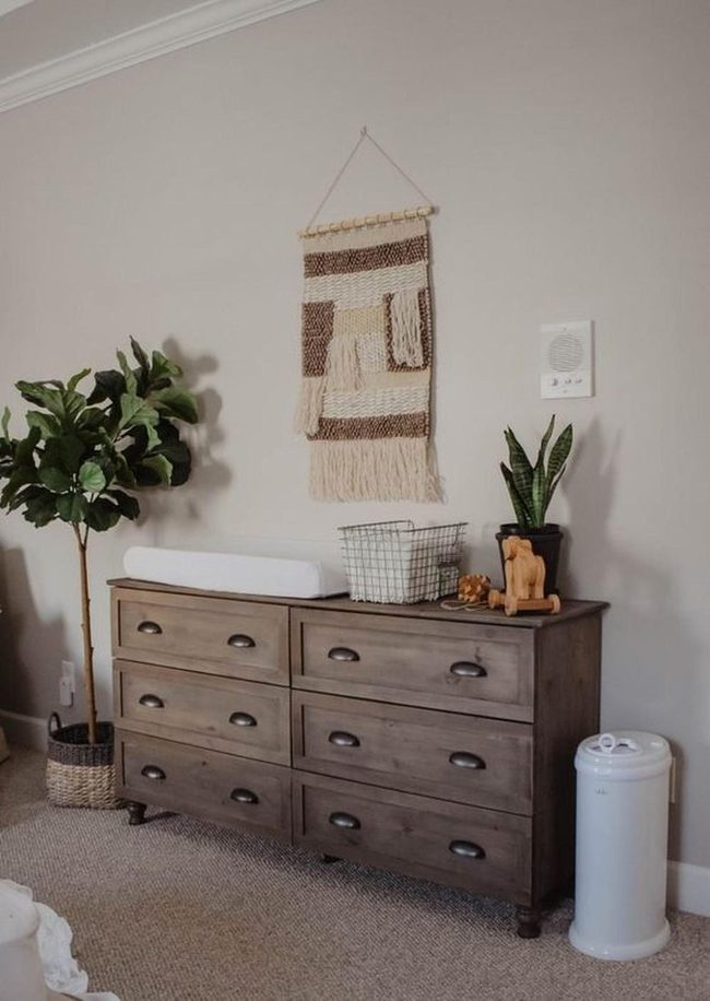 Gray Bedroom With Wooden Dresser