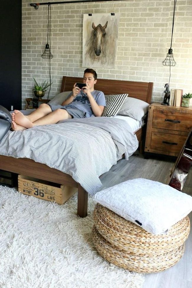 Black Wire Lights Industrial Bedroom