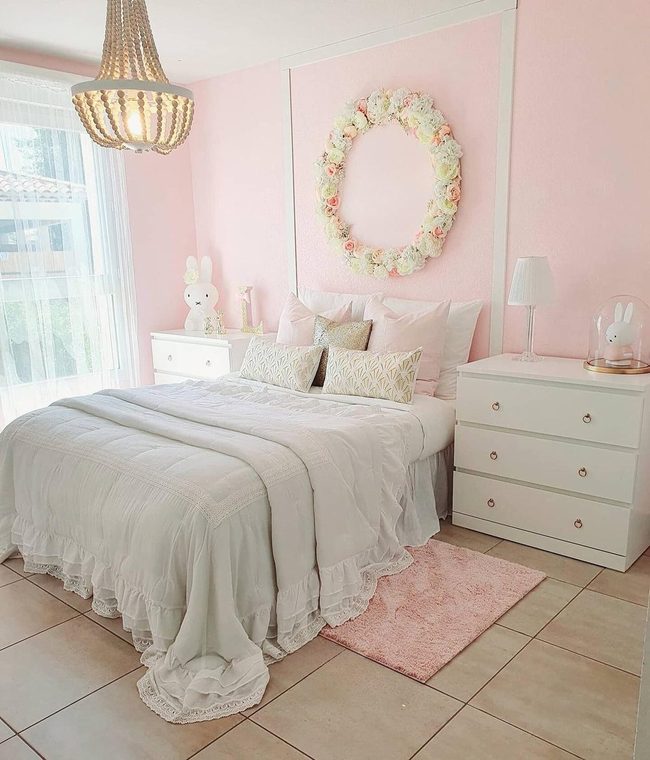Pale Pink Bedroom With Floral Details