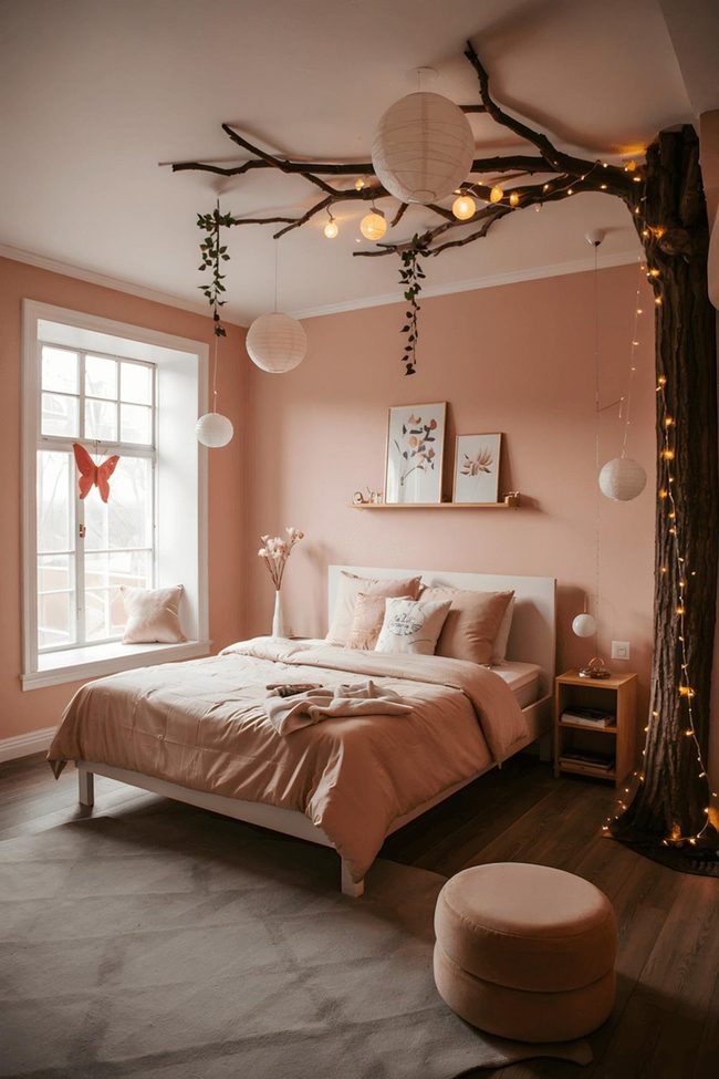Blush Pink Forest Bedroom With Hanging Branches
