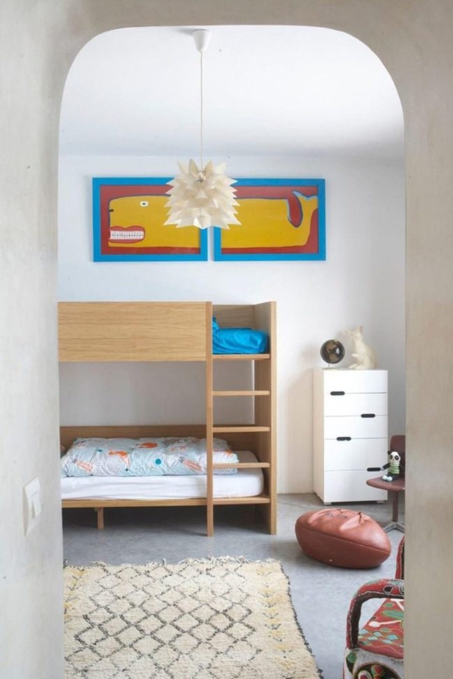 Wooden Bunk Beds, Blue Bedding