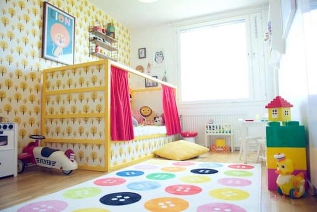 Yellow Frame Pink Curtains Bed