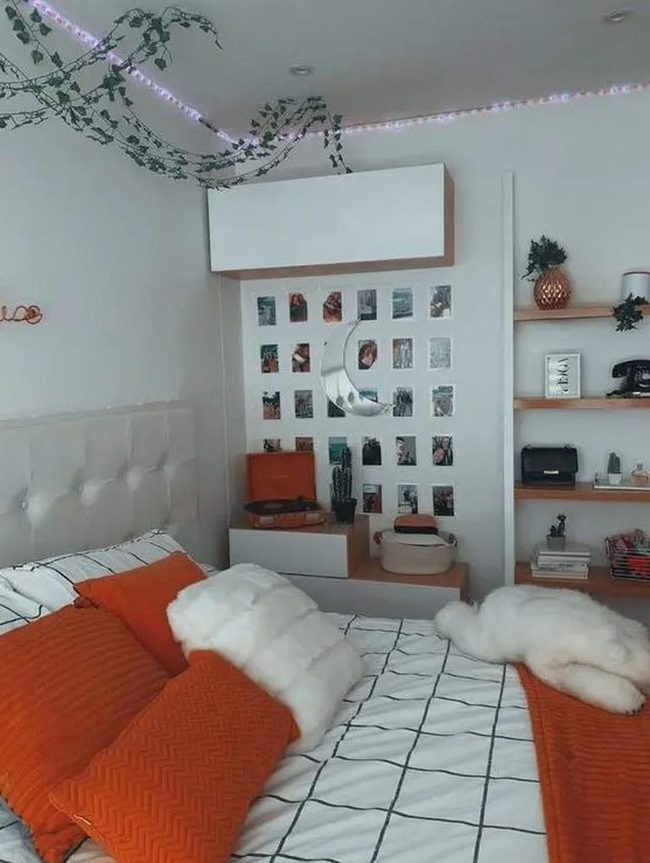 Orange Blanket, Green Vines, White Walls
