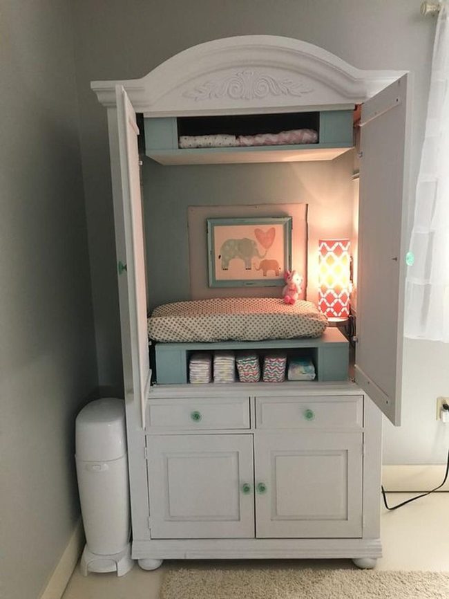 White Cabinet Baby Station Green Knobs