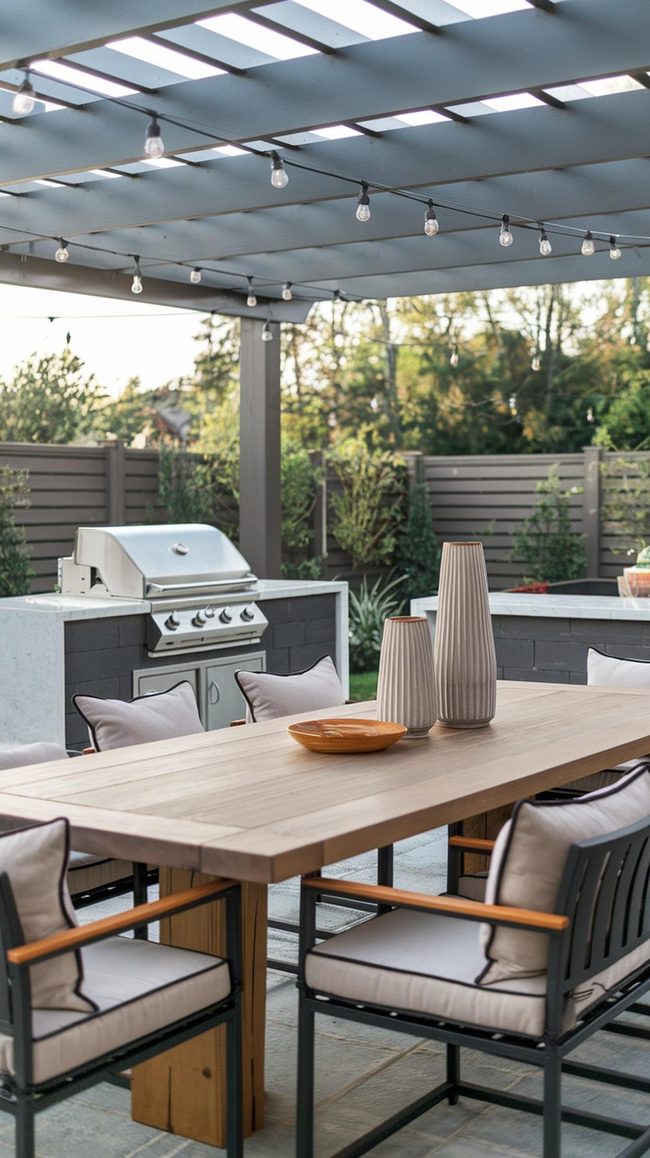 Terrace Living Rustic Timber Table with Pergola Shade
