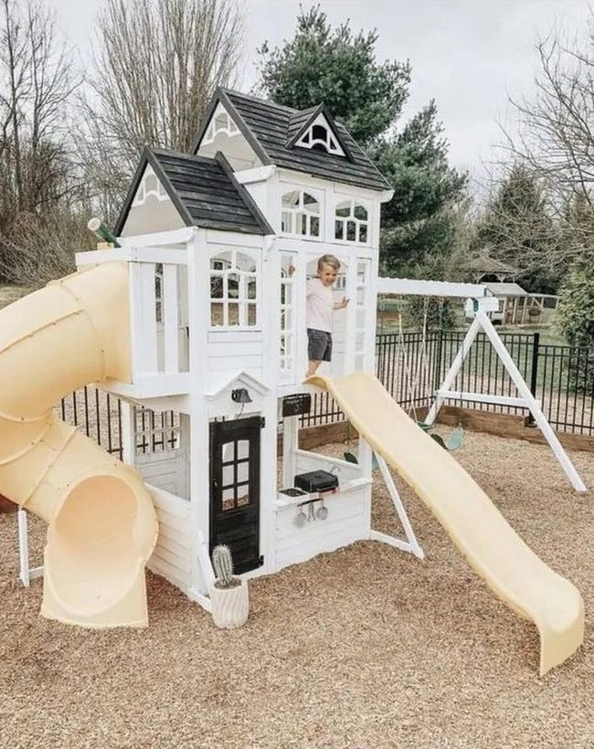 White Playhouse With Yellow Slide