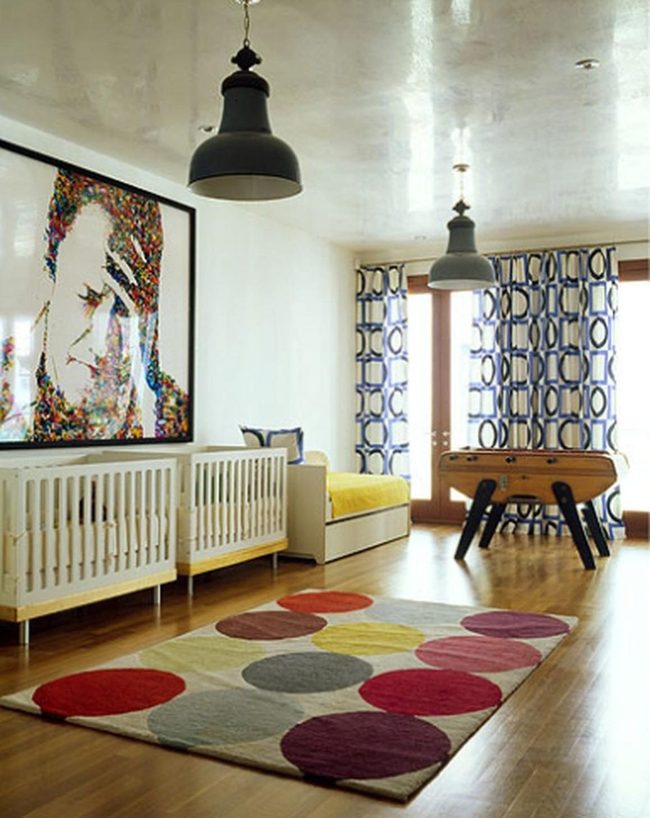 Black Pendant Lights Over Dual Cribs