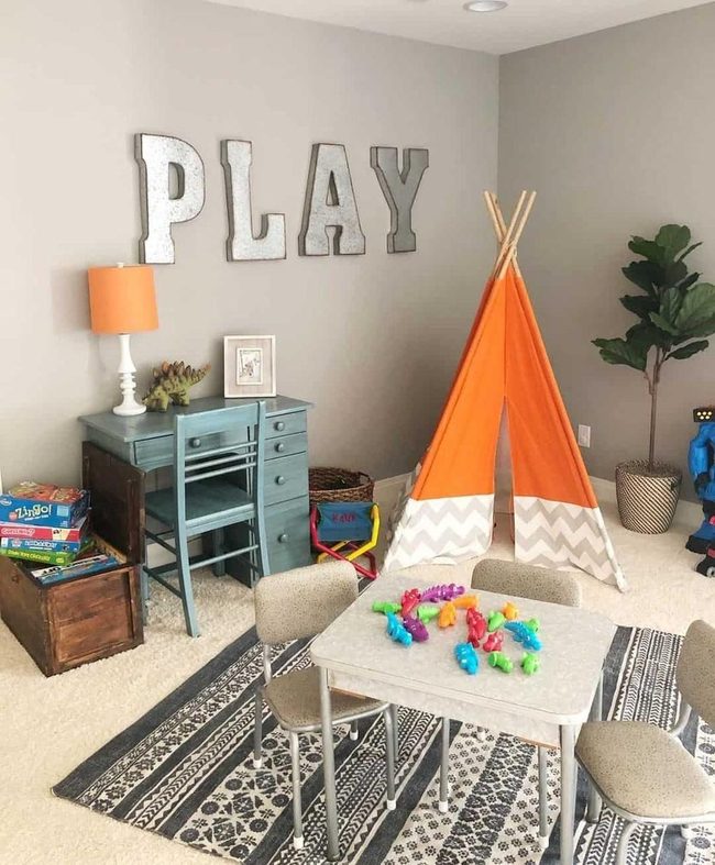 Orange Tent Gray Walls