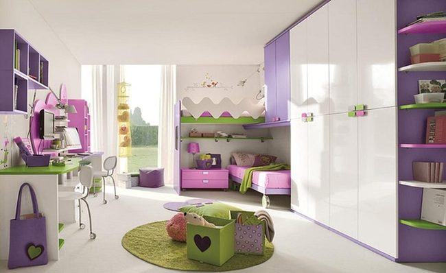 Purple And Green Kids Double Bedroom
