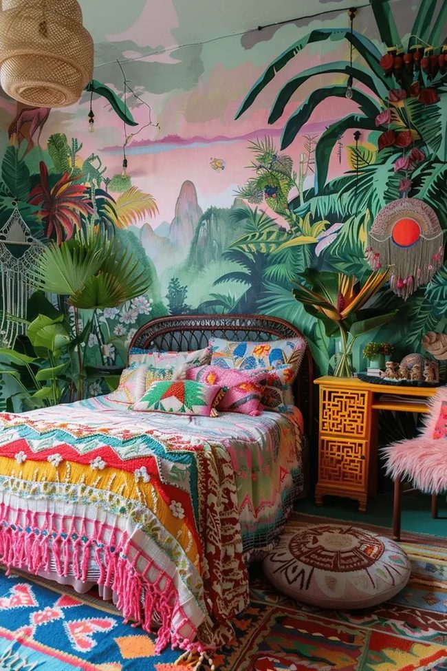 Green Mural Statement Bedroom