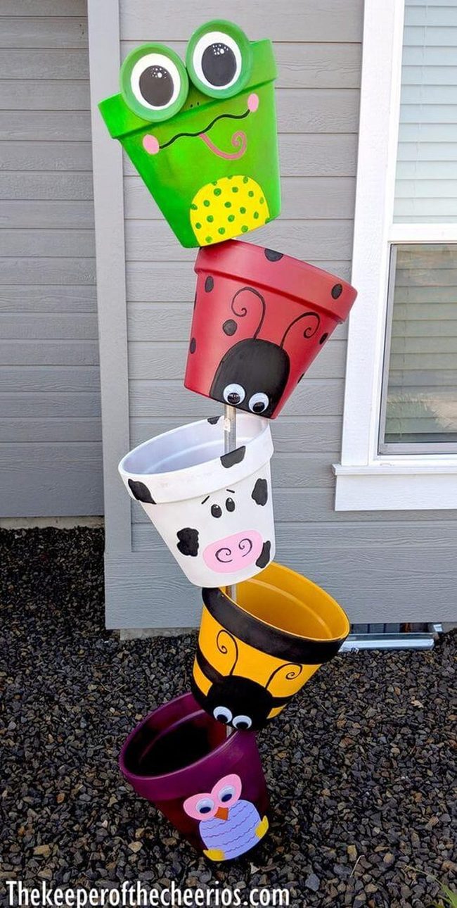 Stacked Painted Pots Garden Creatures