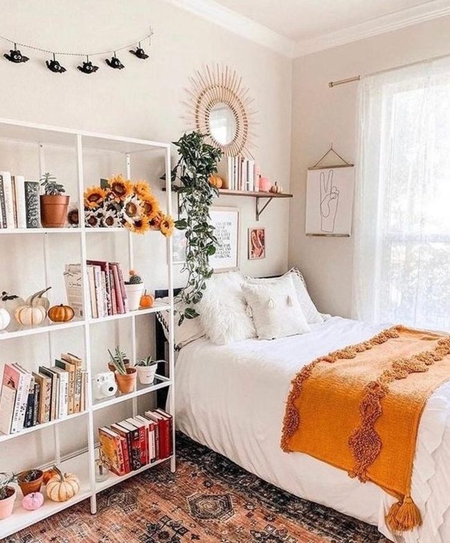 Orange Sunflowers, White Shelves, Green Vines