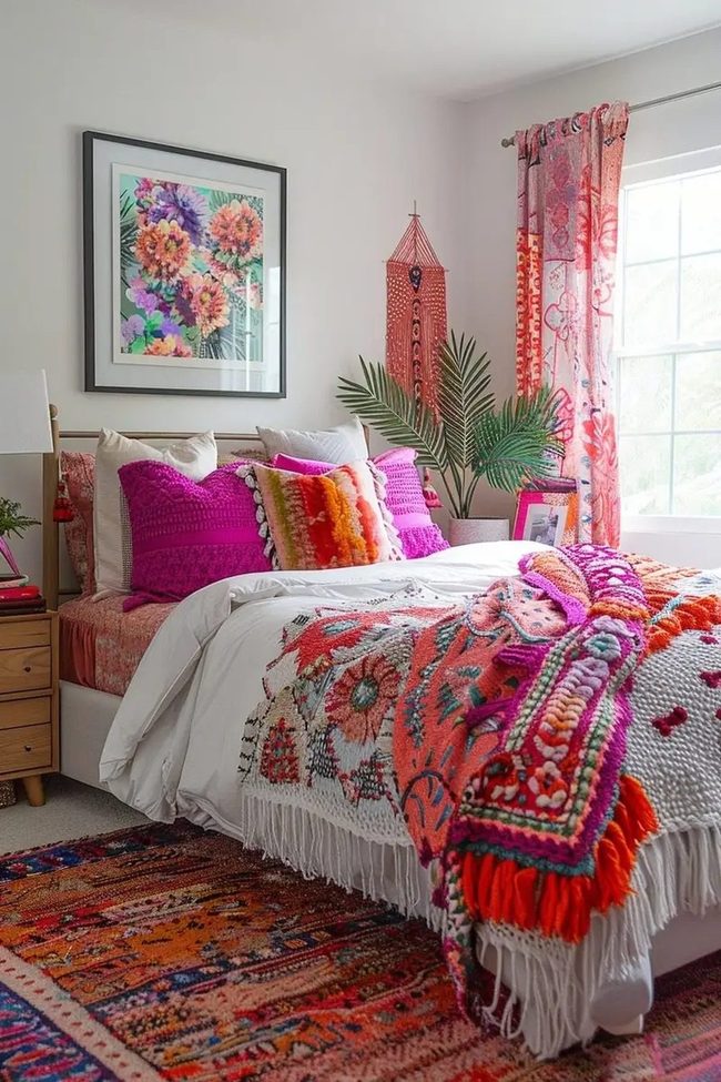 Pink Floral Wall Bohemian Bedroom