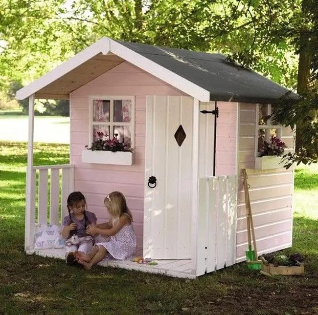 Pink Playhouse With Flower Box Details