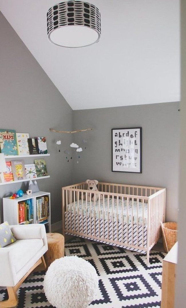 Gray Nursery With Wooden Crib Details