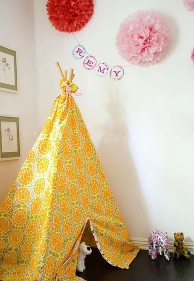 Yellow Teepee Pink Pom-Poms