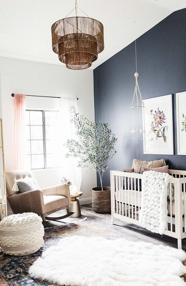 Navy Walls, White Crib, Natural Wood