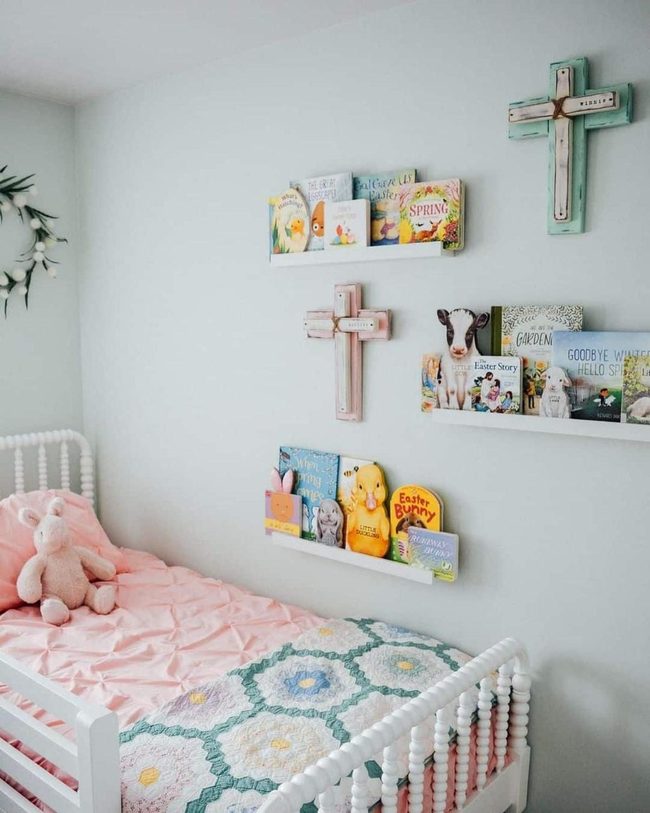 Round Pink Bed With Floating Shelves