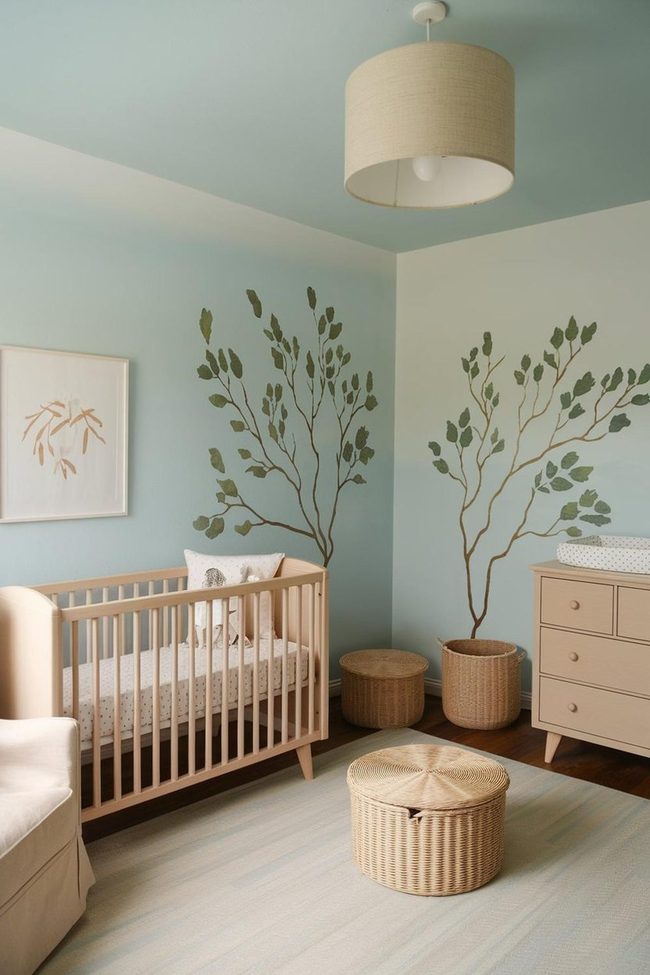 Blue Walls, Painted Trees, Wooden Crib
