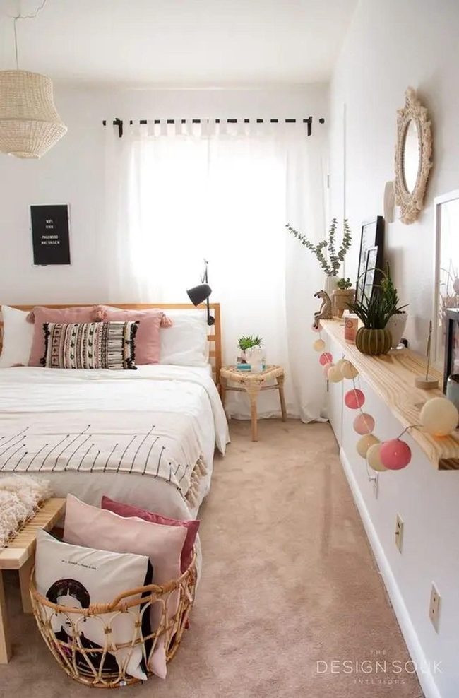 White Bedding Pink Pillows Wooden Frame