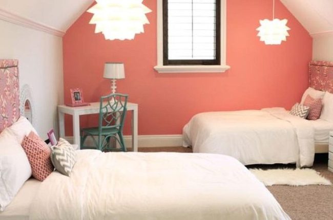 Coral Walls Twin Beds Bright Pillows