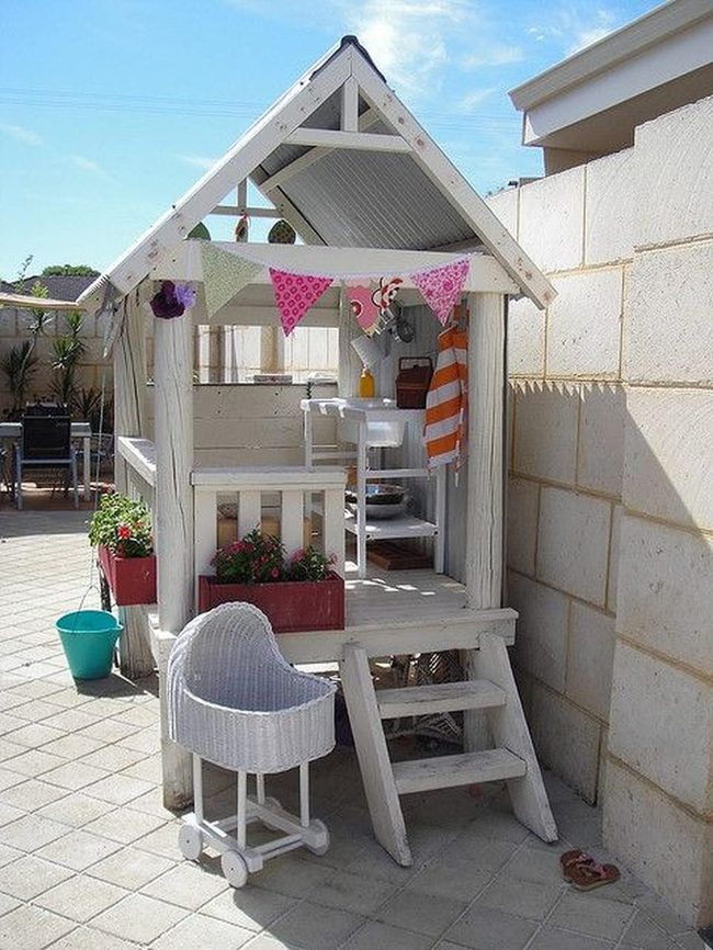 White Playhouse Pink Bunting Garden