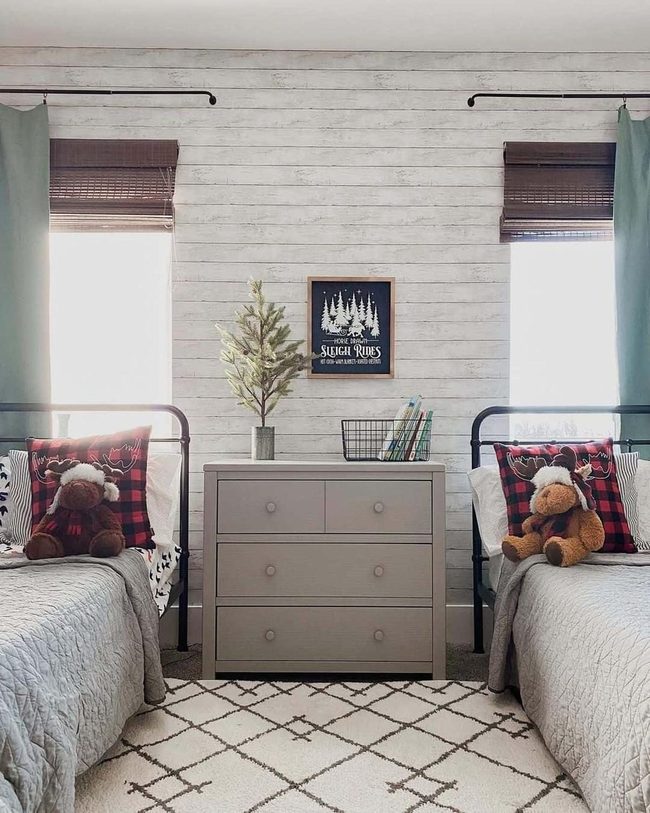 Whitewashed Shiplap Twin Bedroom