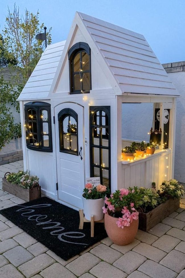 White Storybook Playhouse Pink Flowers