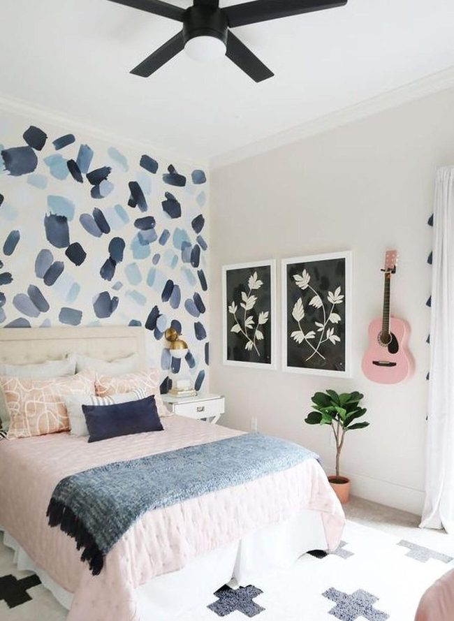 Blue Wall Pink Bedding Guitar