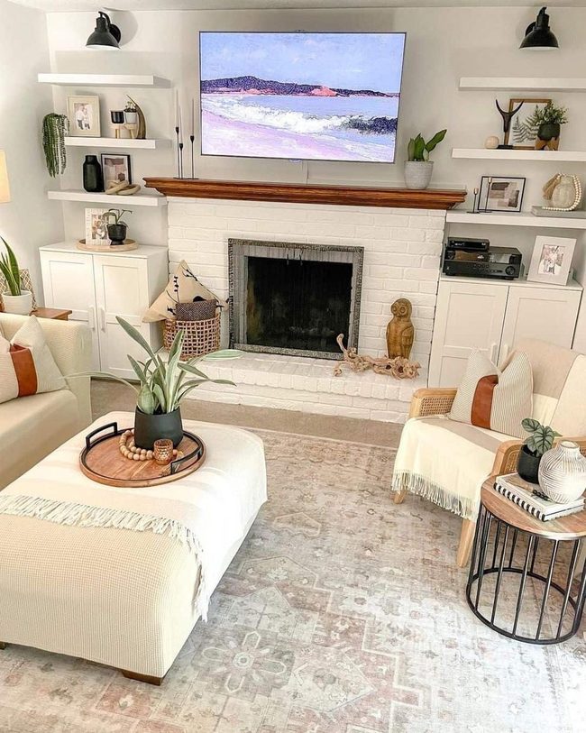 Black Sconces, White Shelves, Green Plants