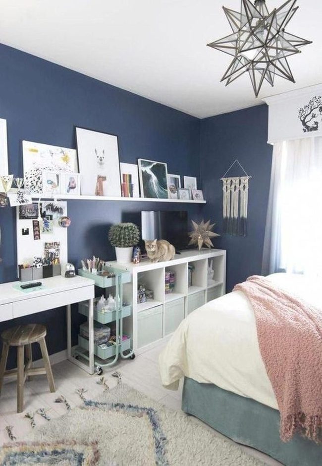 Deep Blue Bedroom With White Accents