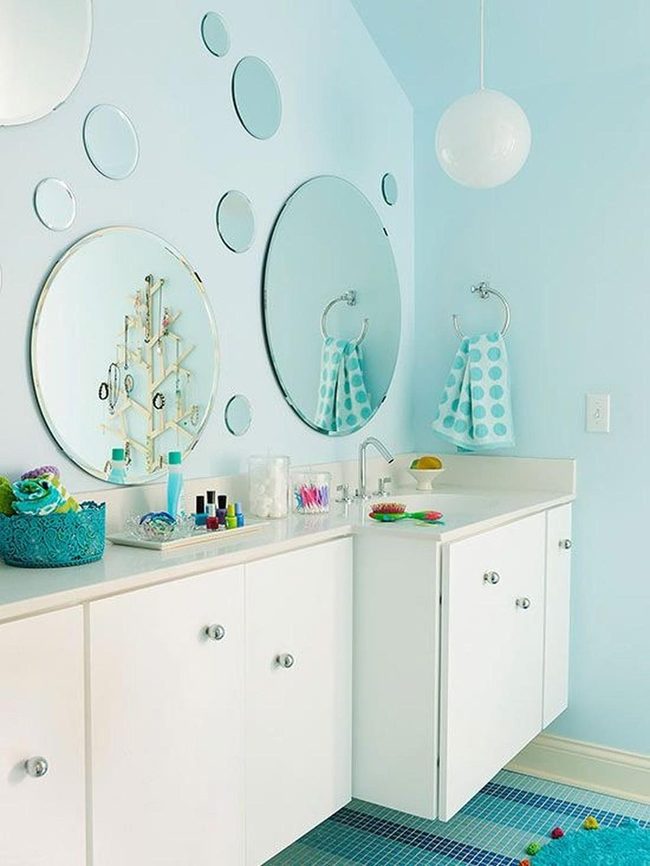 Blue Textured Tiles, Round Mirrors