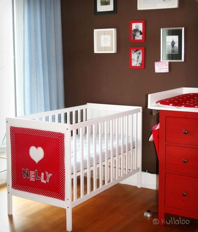 Red Dresser, Brown Walls, Blue Curtains
