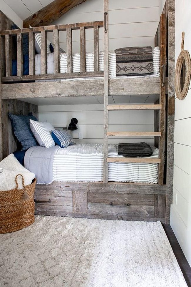 Weathered Wood Bunk Beds, Striped Bedding