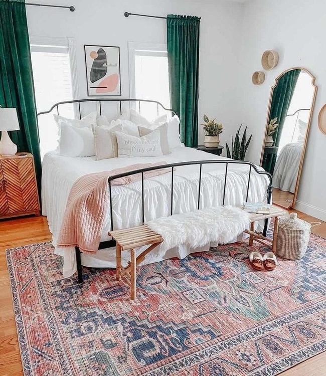 Pink Lamps, Emerald Curtains, Wood Chevron