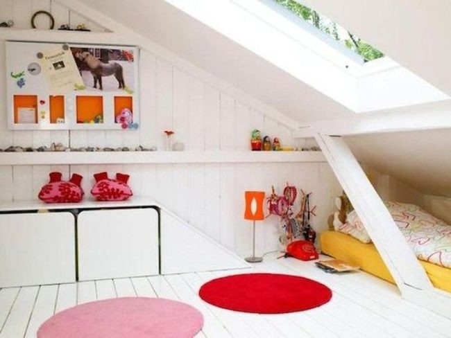 White Skylit Room With Red Accents