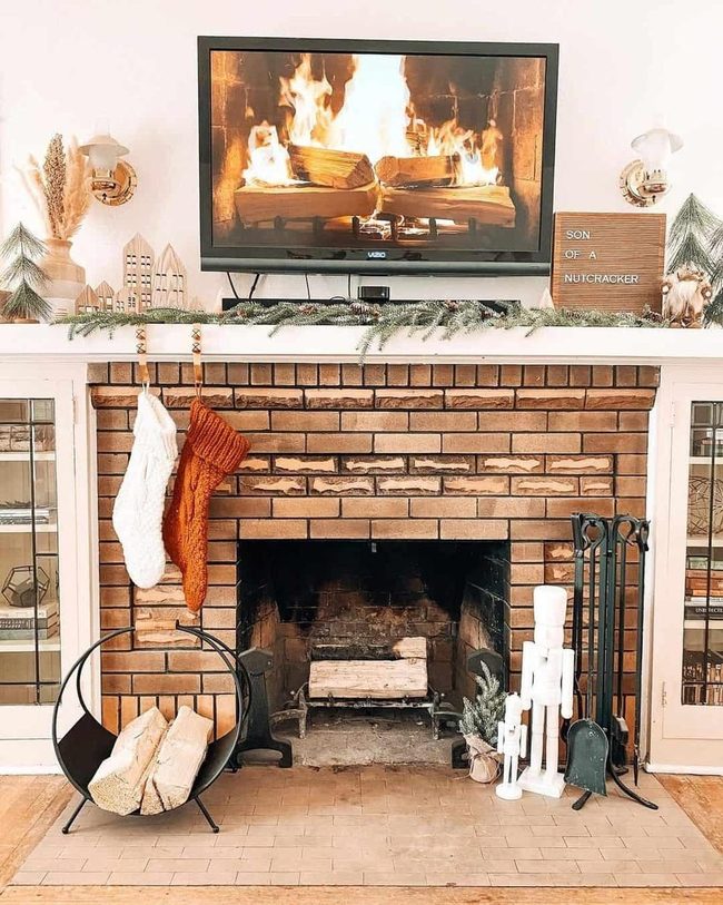 Brick Fireplace Meets Modern Screen