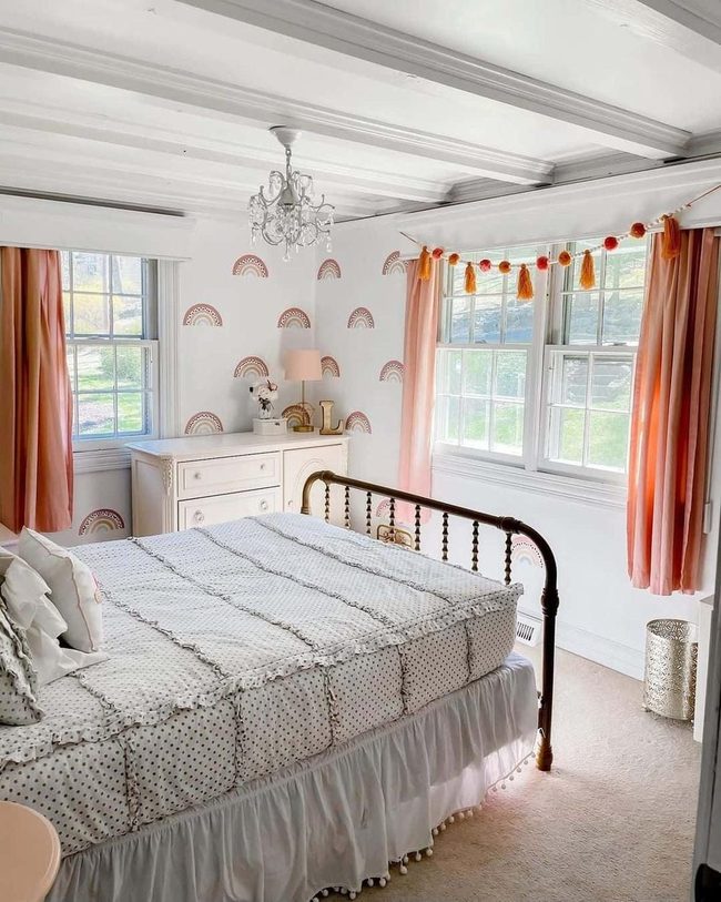 Orange Farmhouse Curtains with Brass Bed