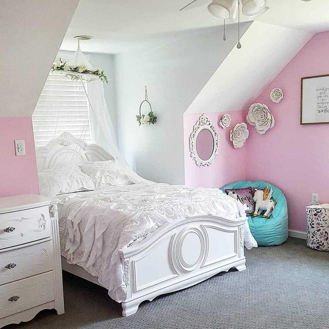 Pink Slanted Ceilings, White Farmhouse Bed
