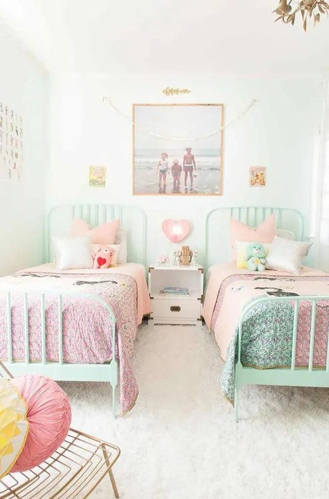 Pink Patterned Quilts, Mint Green Beds