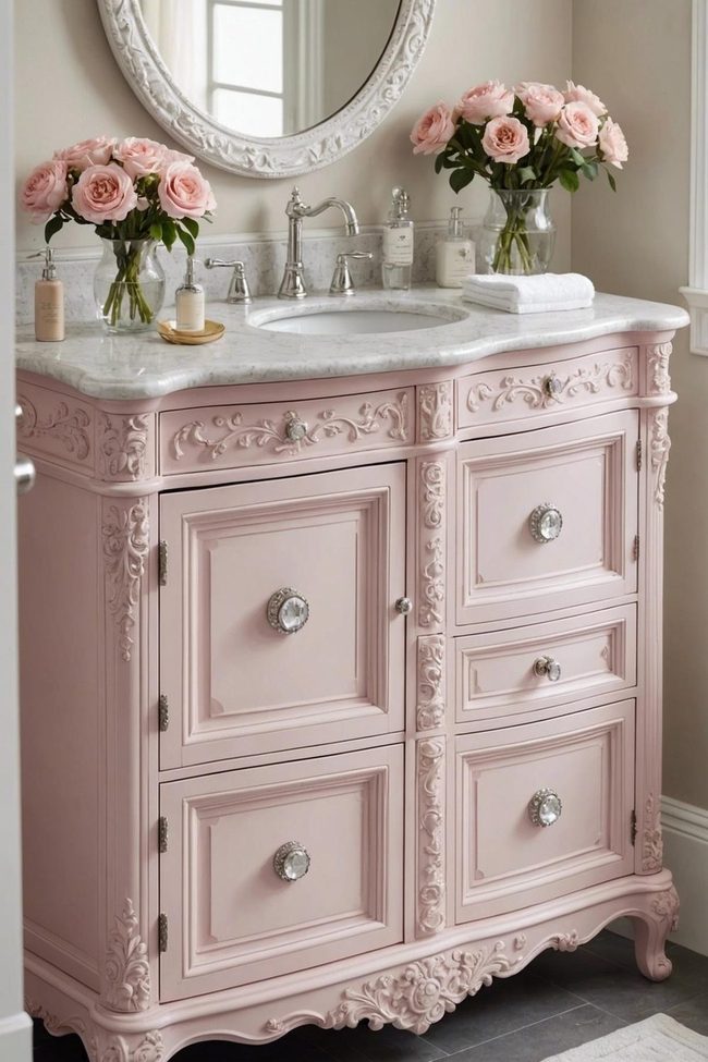 Crystal and Porcelain Pink Bathroom