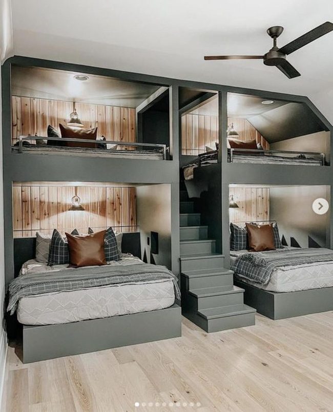Dark Gray Bunk Beds, Wooden Warmth