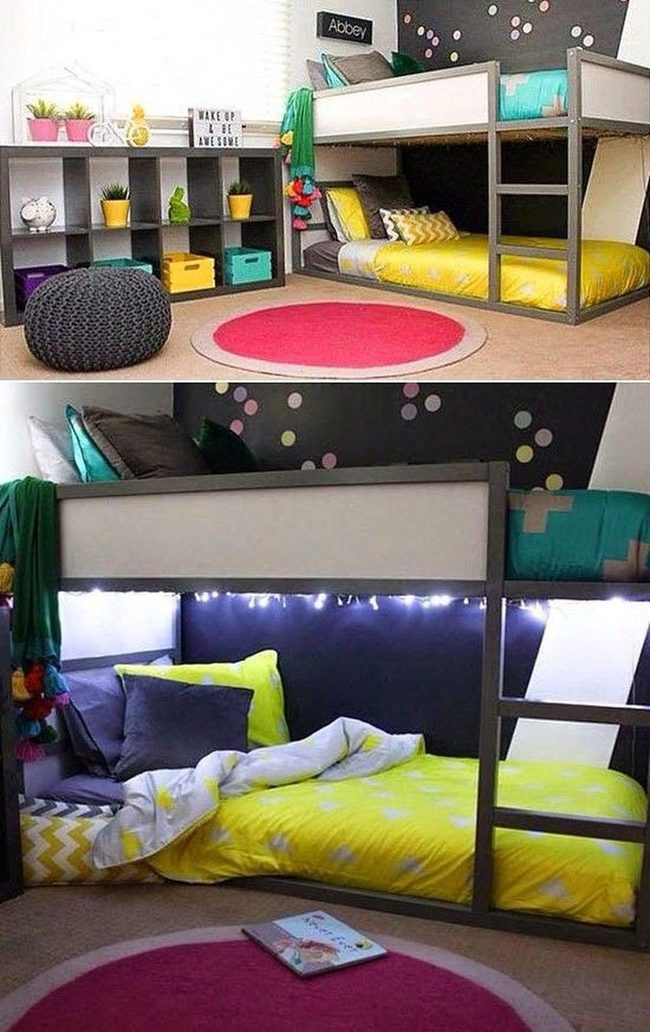 Yellow Metal Bunk Beds, Black Polka Walls