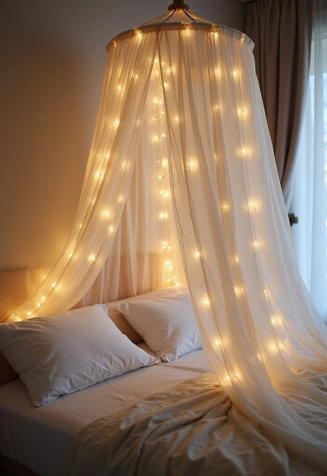 Sheer Tulle Canopy With Fairy Lights