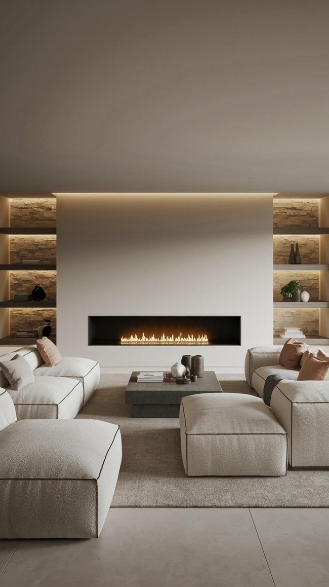 Low-Profile Comfort Meets Linear Fireplace