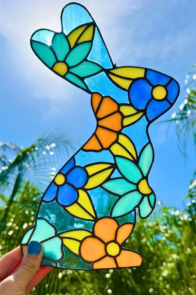 Blue Floral Stained Glass Bunny