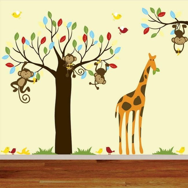 Monkeys, Giraffes, Colorful Branches
