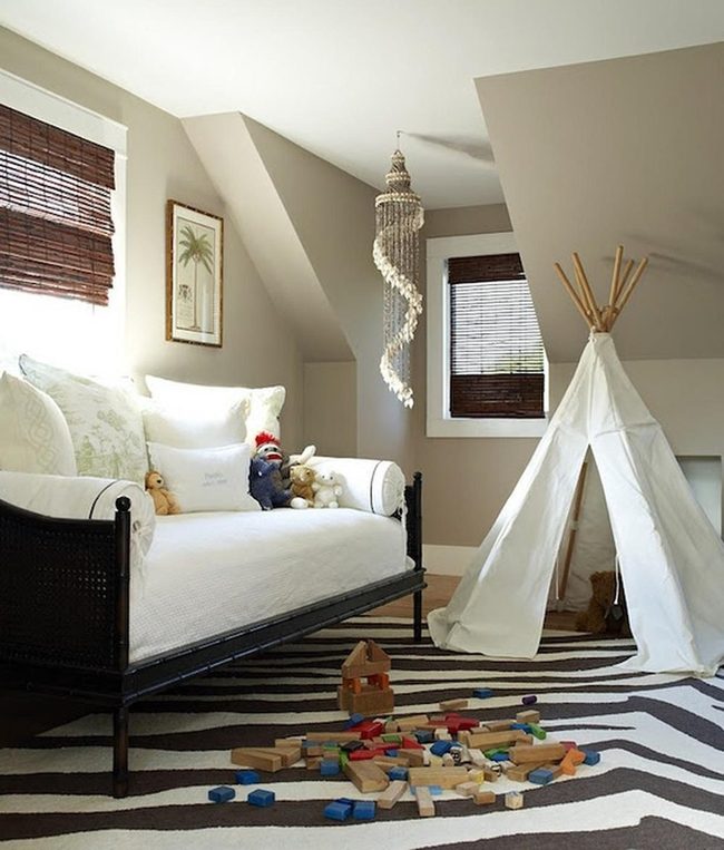 White Teepee, Black Daybed, Wooden Play