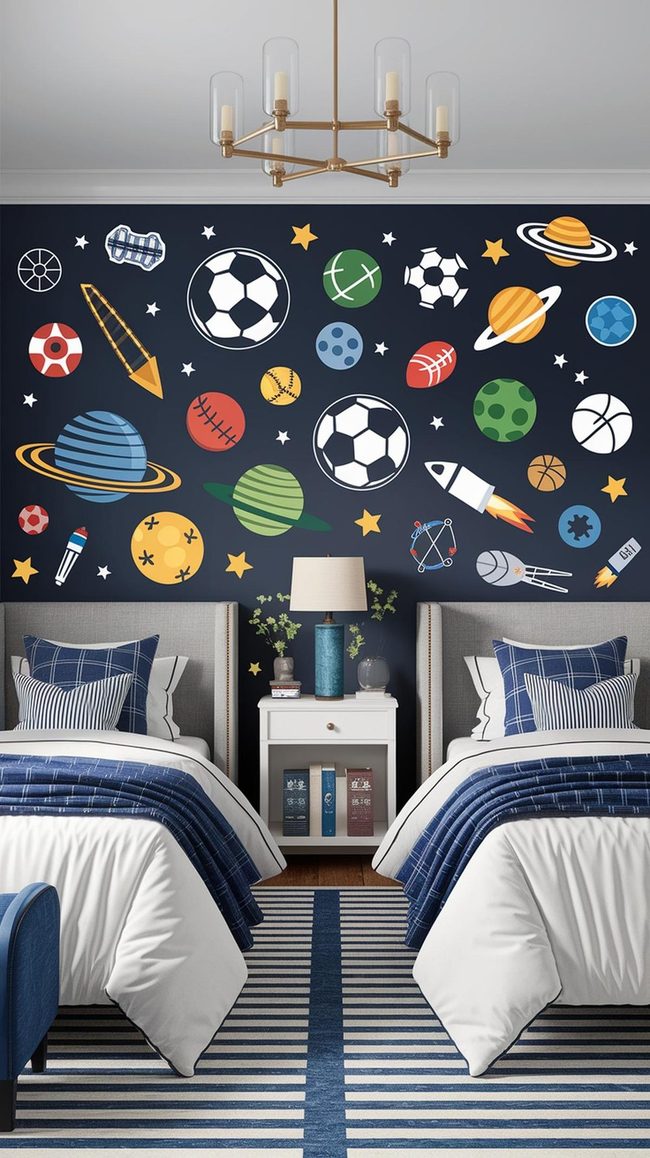 Navy Walls Light Wood Shared Bedroom