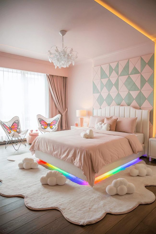 Pink Cloud Pillows With Geometric Wall Art